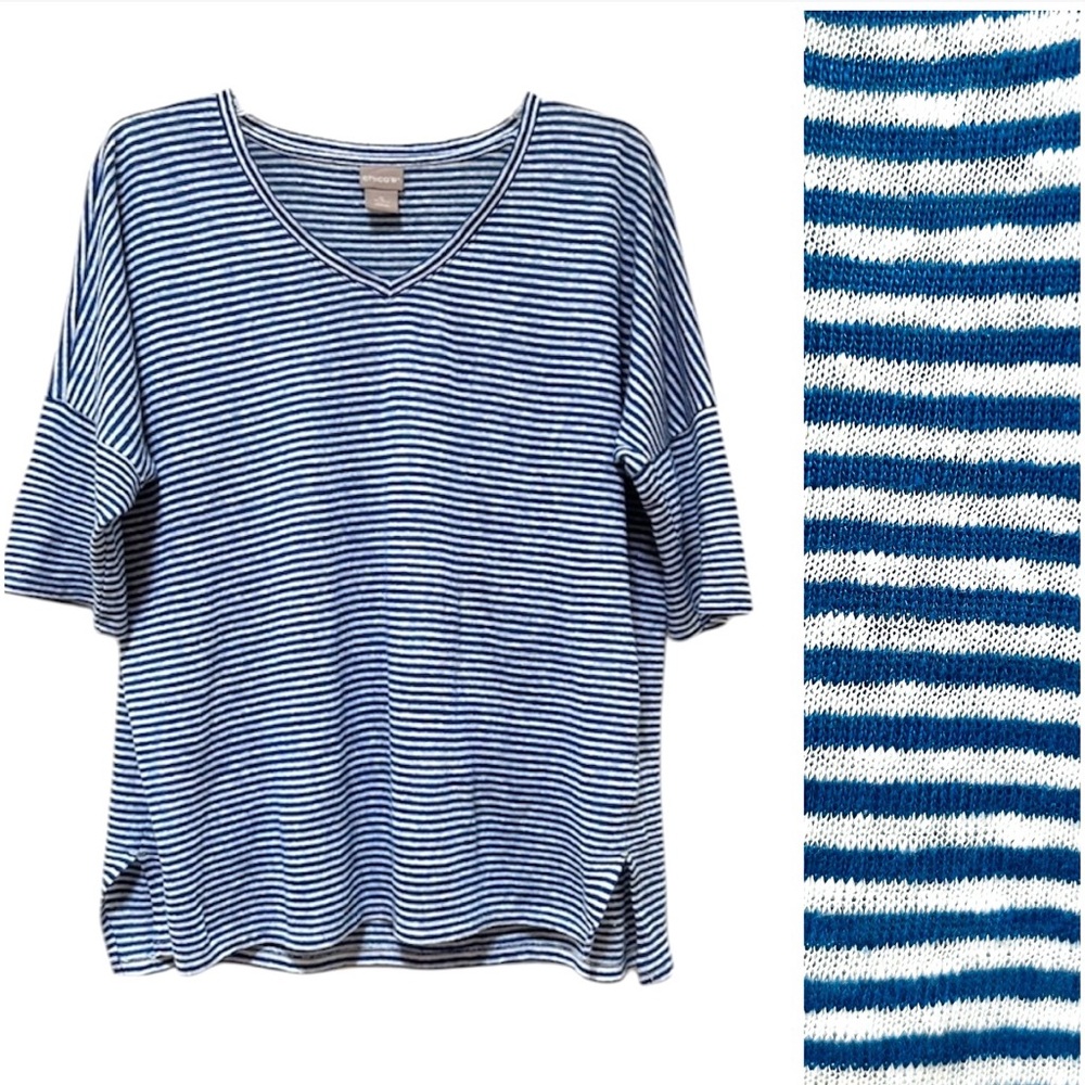 Chico’s 100% Linen Short Sleeve Top Tee Blue White  Stripe Size 0 (US S)